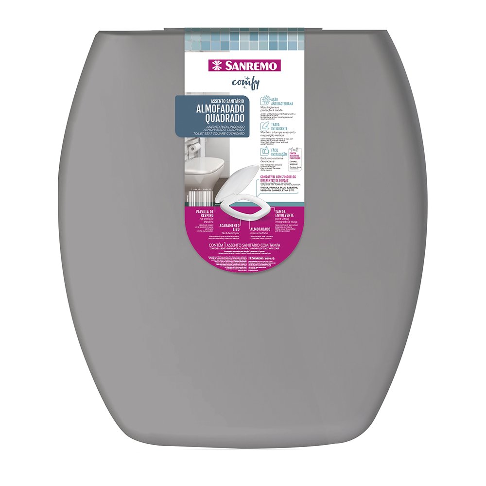 Assento Sanitario Almofadado Quadrado Plastico Sanremo Cinza