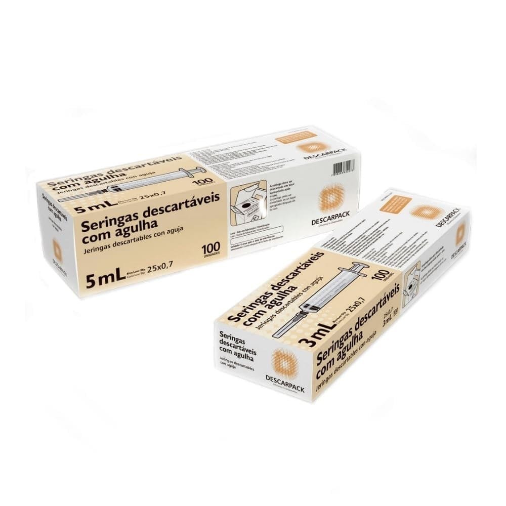 Seringa Descarpack Bico Slip com Agulha 25x70mm 20ml - Embalagem com 50 Unidades
