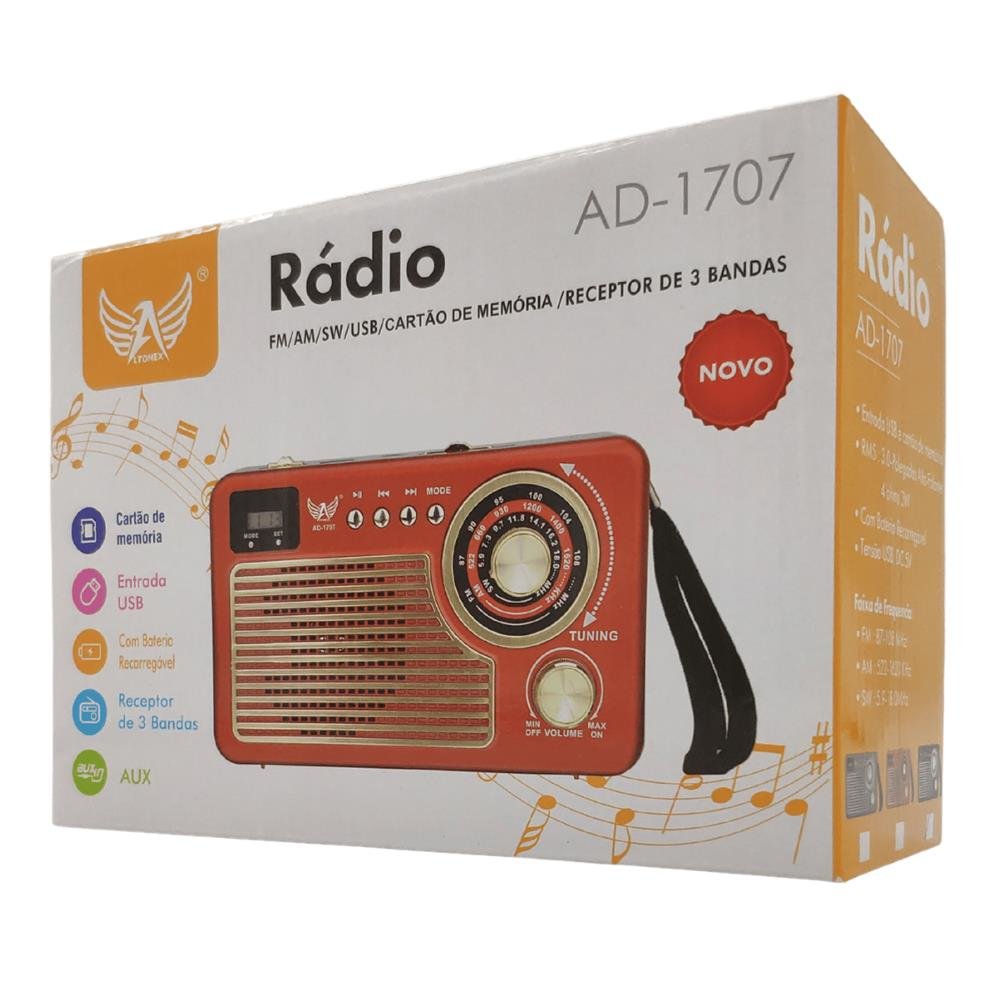 Rádio FM AM SW Bluetooth USB Pendrive Cartão Auxiliar Relógio Altomex Prata