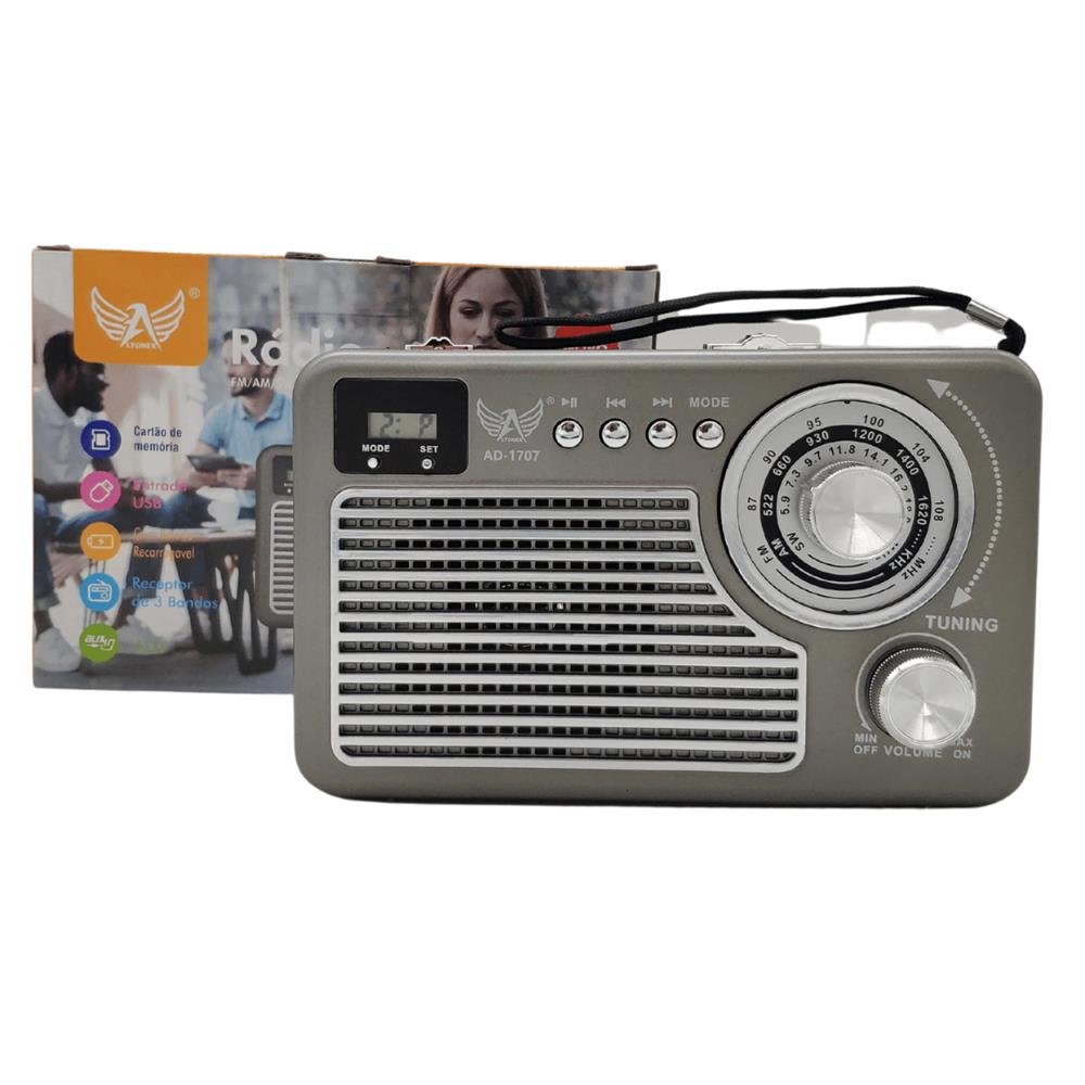 Rádio FM AM SW Bluetooth USB Pendrive Cartão Auxiliar Relógio Altomex Prata