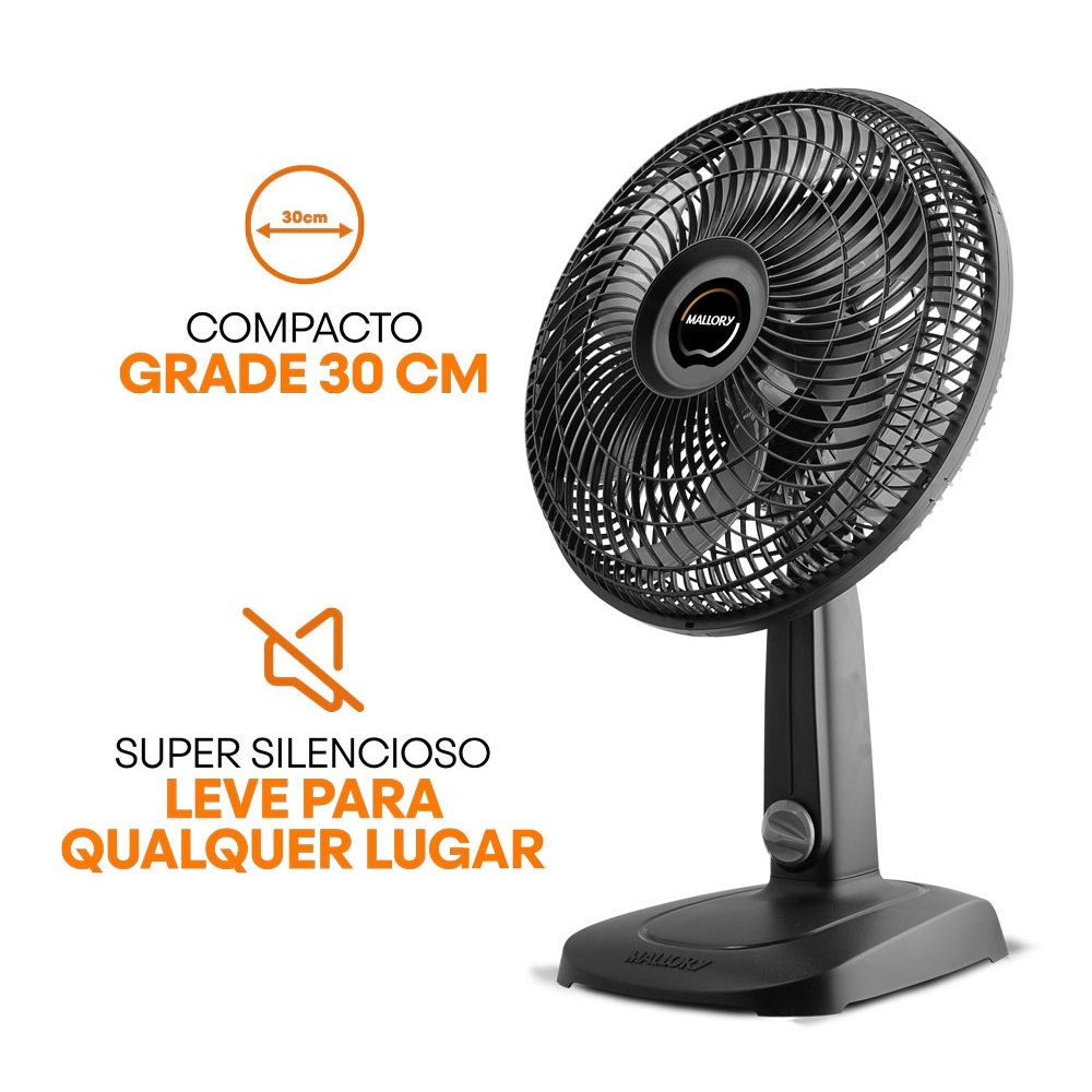 Ventilador Mesa Mallory Compact 30cm com 3 Velocidades Preto 110V