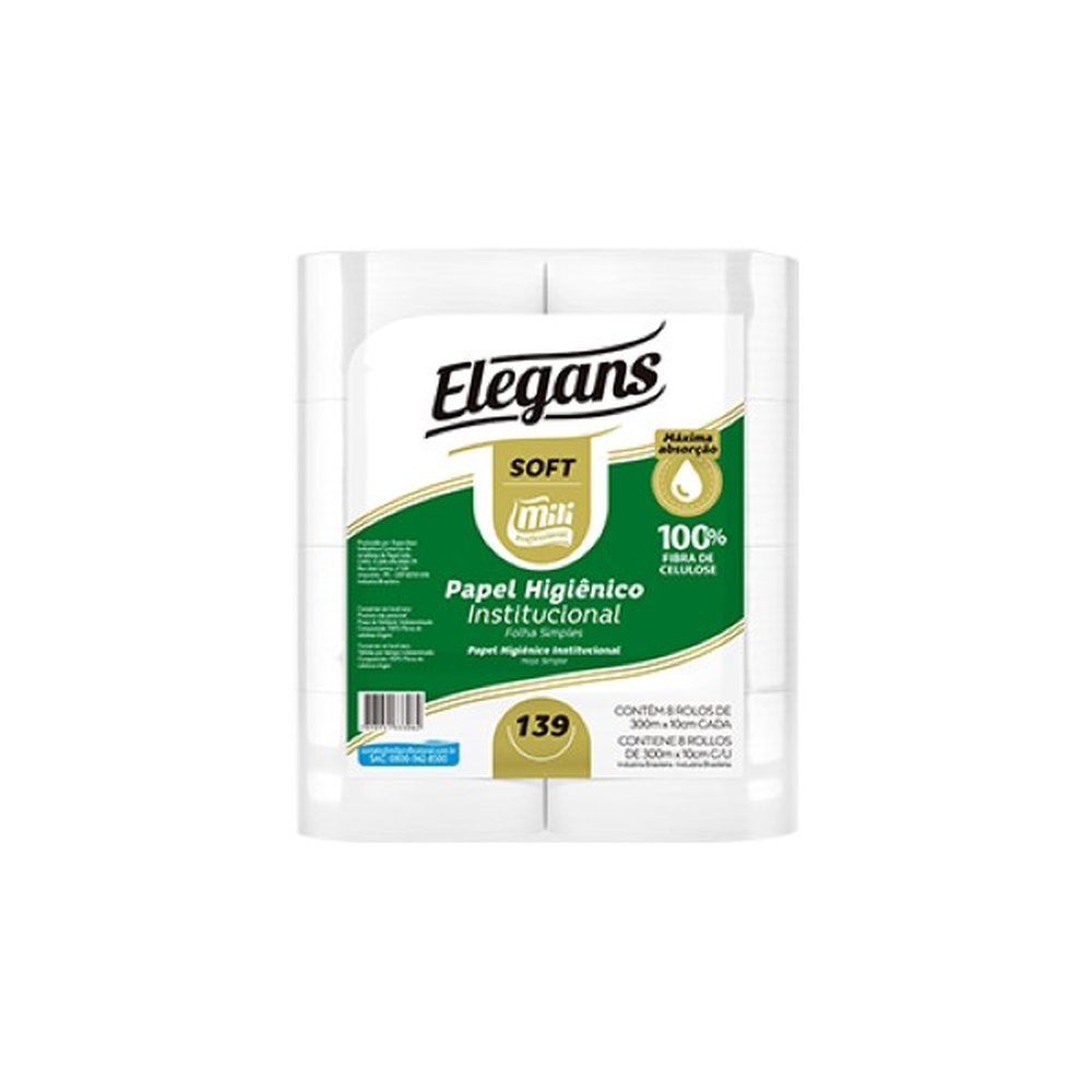 Papel Higienico Institucional Celulose Folha Simples Elegans Soft 8x300m Mili