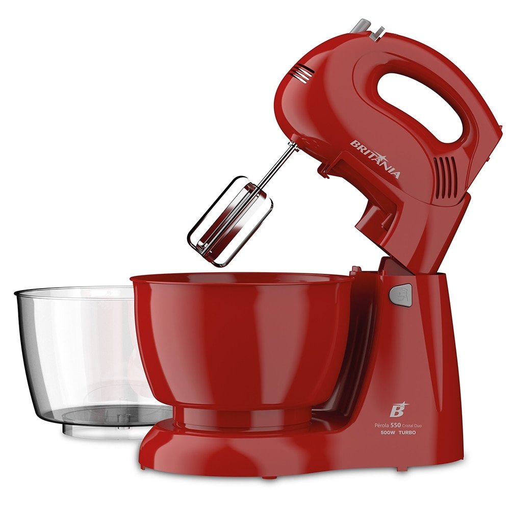 Batedeira Britânia Perola 550 Cristal Duo Turbo - 4 Velocidades, 2 Tigelas, 500W, Vermelho, 220V