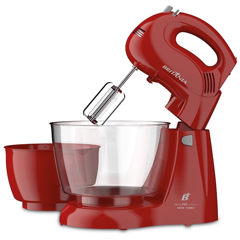 Batedeira Britânia Perola 550 Cristal Duo Turbo - 4 Velocidades, 2 Tigelas, 500W, Vermelho, 220V