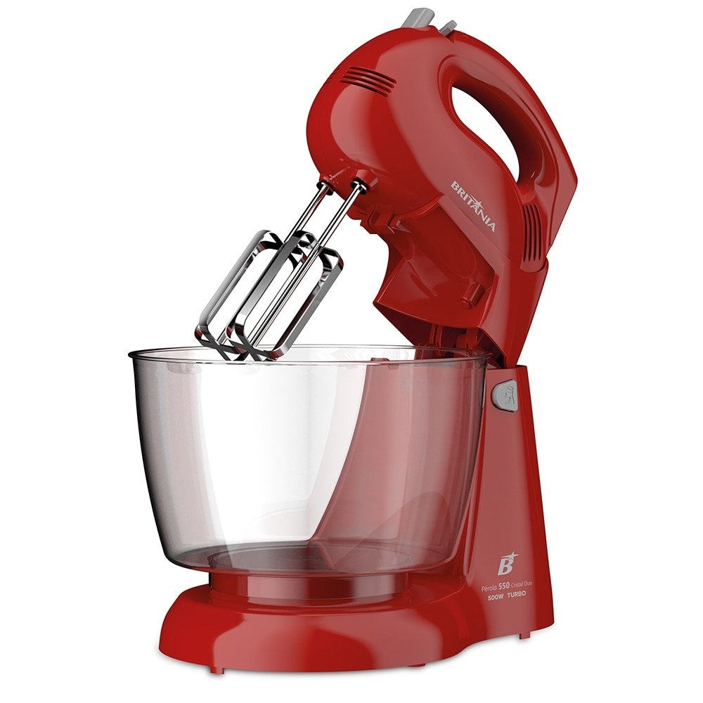 Batedeira Britânia Perola 550 Cristal Duo Turbo - 4 Velocidades, 2 Tigelas, 500W, Vermelho, 220V