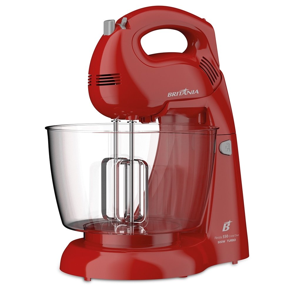 Batedeira Britânia Perola 550 Cristal Duo Turbo - 4 Velocidades, 2 Tigelas, 500W, Vermelho, 220V