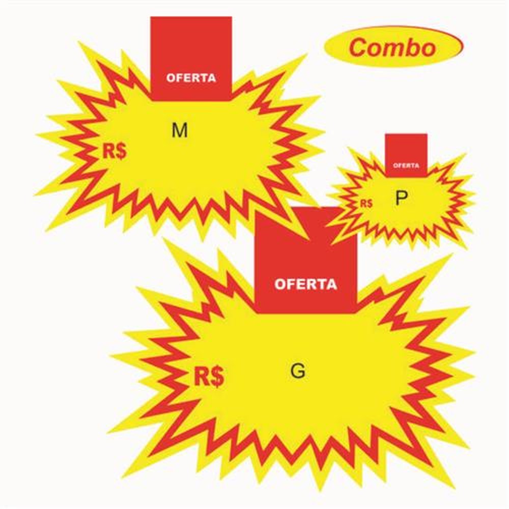 Cartaz Oferta Splash Combo Com Solapa 36 Unidades são 12 unidades de cada tamanhoMedidas 10x7,5 cm 14,5x11,4 cm 22x17,8 cm