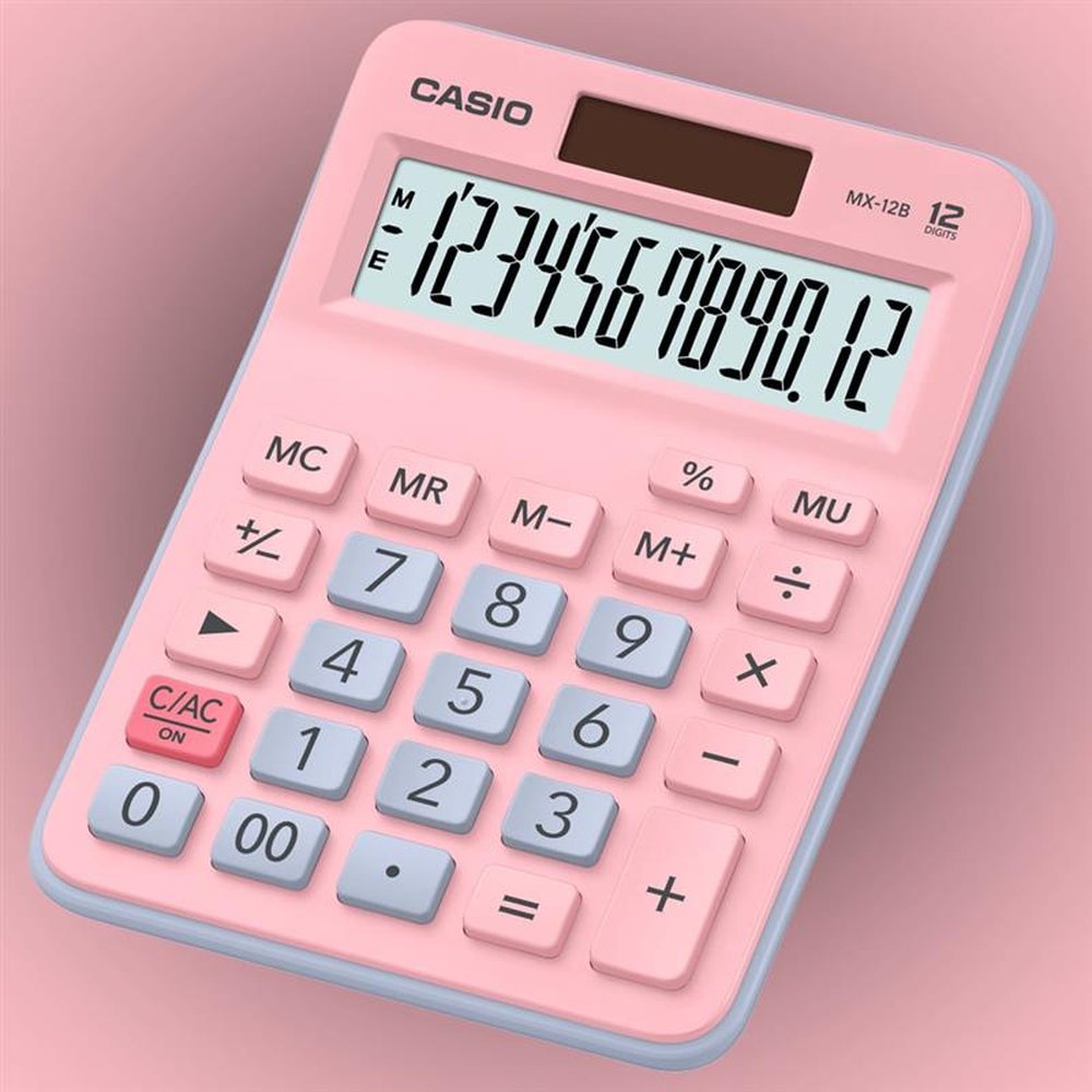 Calculadora Casio De Mesa Visor XL, 12 Dígitos E Alimentação Dupla MX-12B - Rosa C/azul