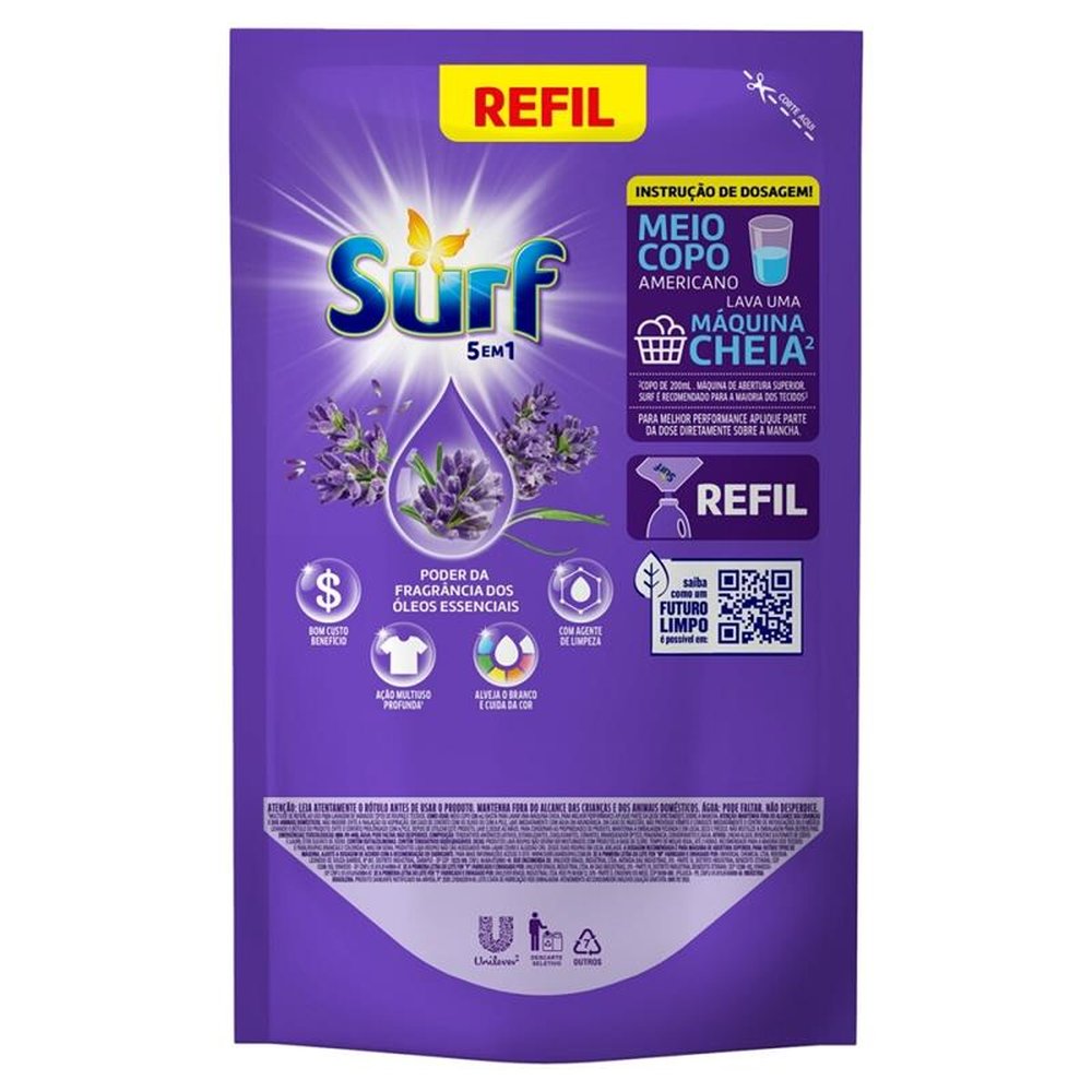 Sabão Líquido Surf Lavanda Refil Sachê 900ml - Embalagem com 12 Unidades