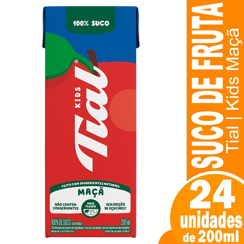 Suco 100% Tial Kids Maçã 200ml - Embalagem com 24 Unidades