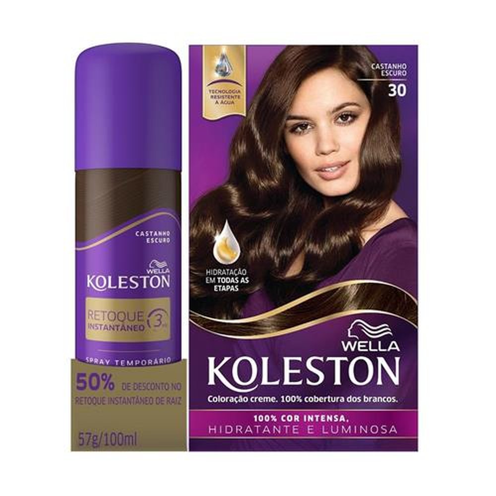 Tintura Koleston 30 Castanho Escuro + Retoque Instantâneo Spray Castanho Escuro 100ml