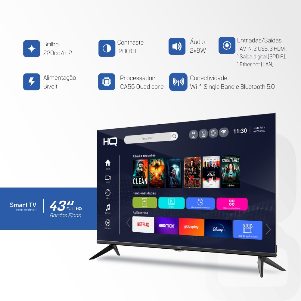 Smart TV 43" HQ Full HD, HDR, tela sem bordas, Android 11, design Slim KDE43GR315LN