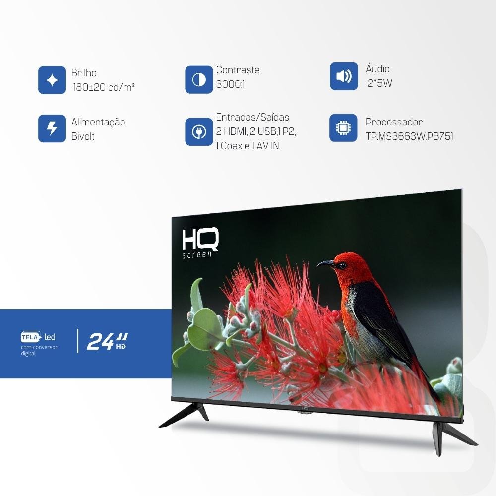 TV LED 24" HQ 2 HDMI 2 USB 60Hz e Conversor digital externo
