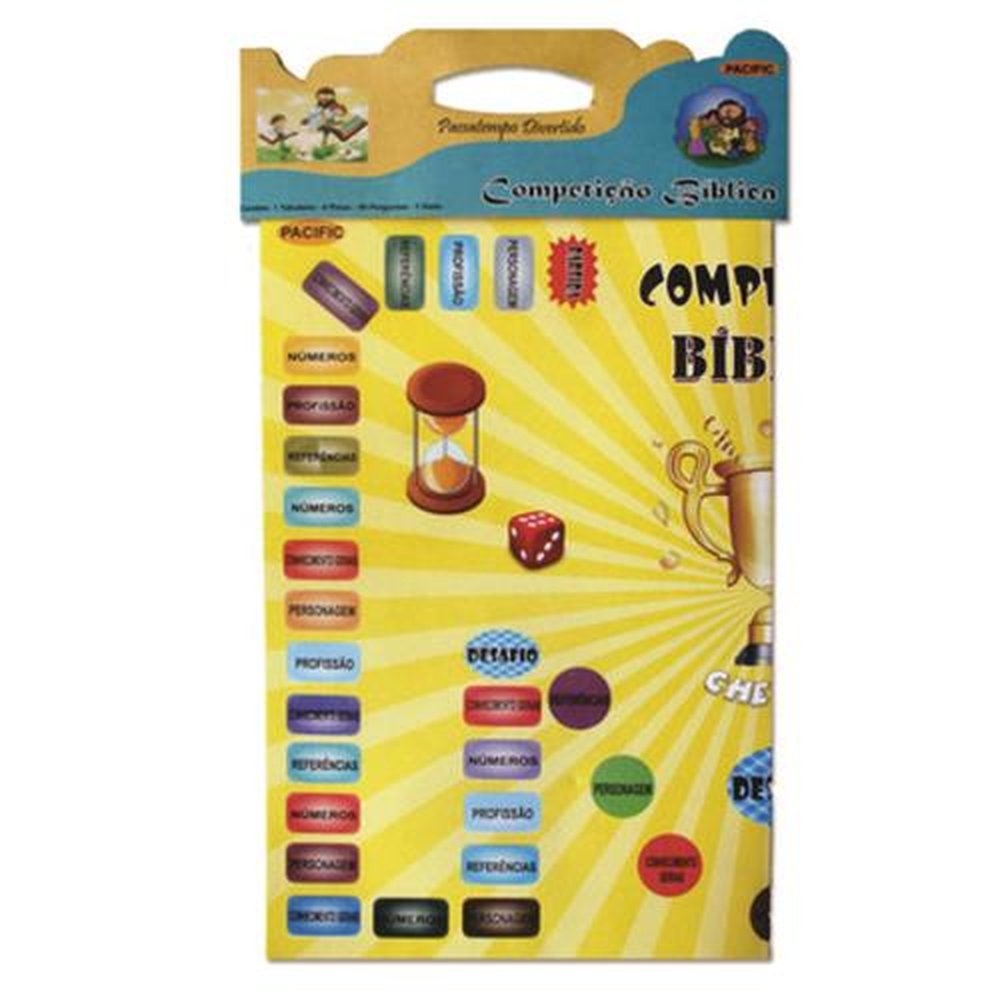 Jogo Competição Biblica 1 tabuleiro 4 pinos coloridos 50 cartas com perguntas e 1 dado