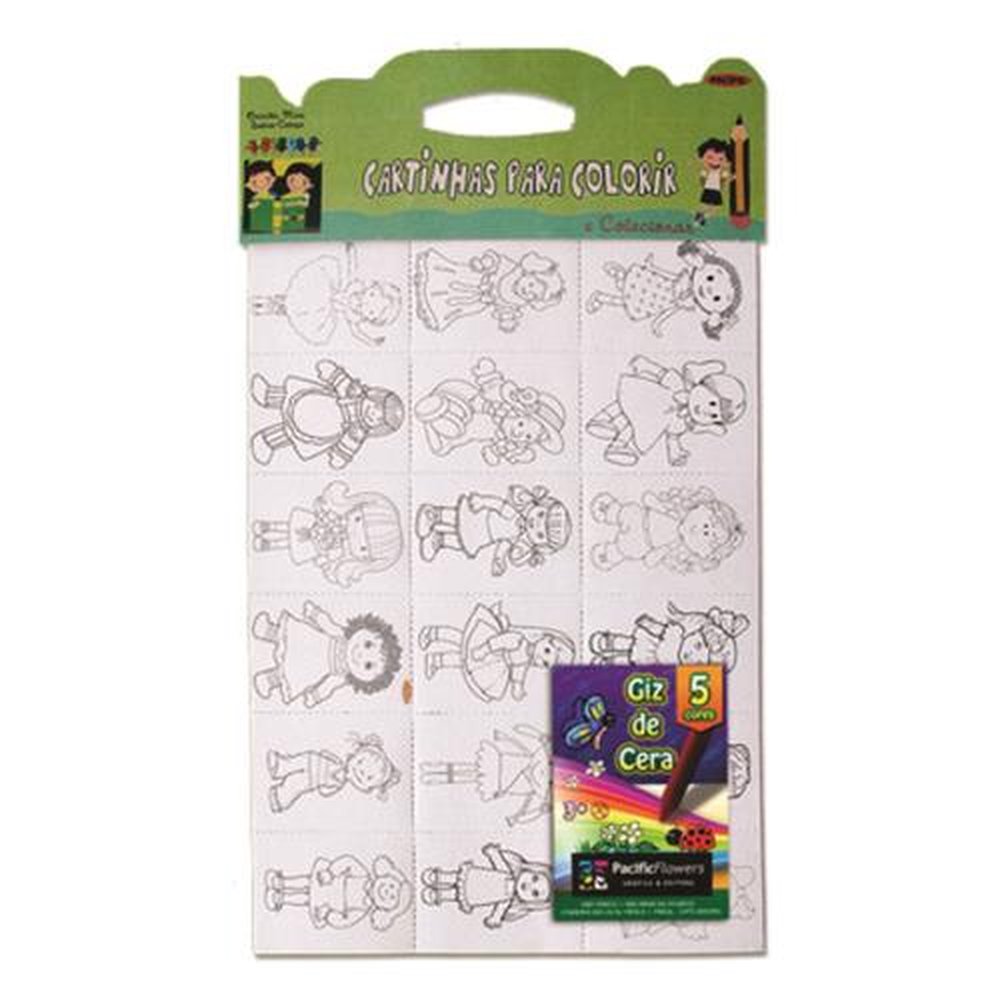 Cartinhas Para Colorir e Colecionar Contém 36 cartas/ 2 folhas picotadas Brinde: 1 giz de cera com 5 cores