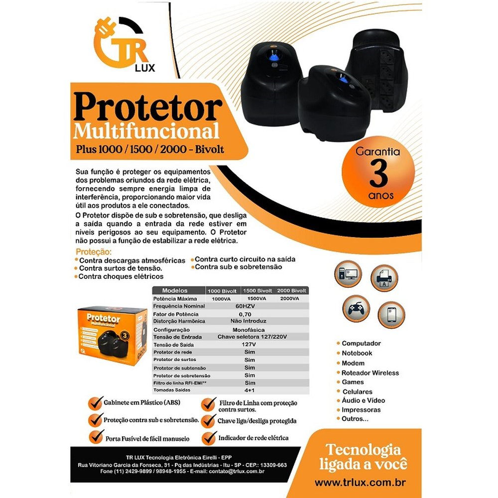 Protetor Eletrônico Multifuncional Bivolt 2000 VA - TR LUX