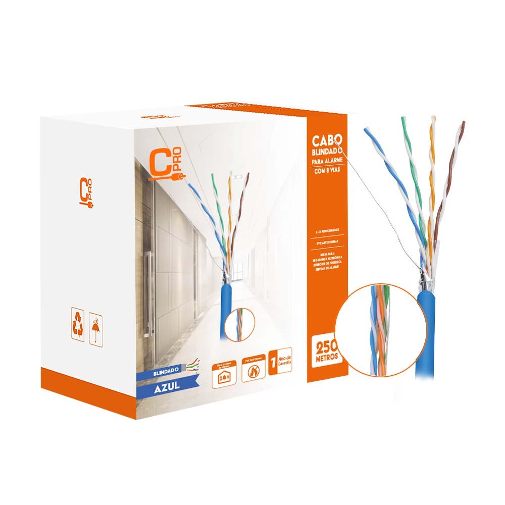 Cabo De Alarme Multicores 8 Vias - Rolo Com 250m - Blindado - Preto