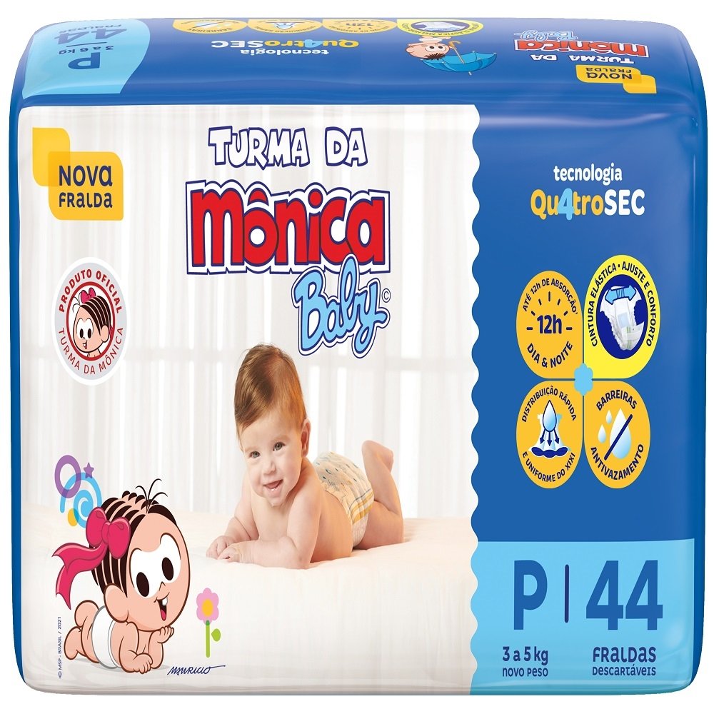 Fralda Descartável Turma da Mônica Tamanho P - 6 Pacotes com 44 Fraldas - Total 264 Tiras