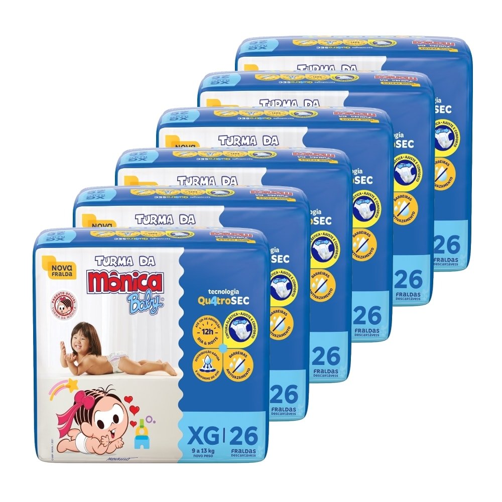 Fralda Descartável Turma da Mônica Econômica Tamanho XG - 6 Pacotes com 26 Fraldas - Total 156 Tiras