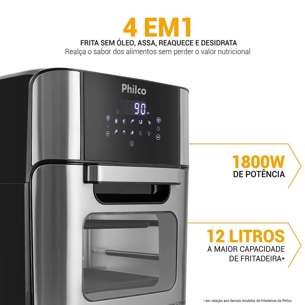 Fritadeira Air Fryer Philco Oven PFR2200P - 12 Litros, 2 em 1, 1800W, Preto 220V