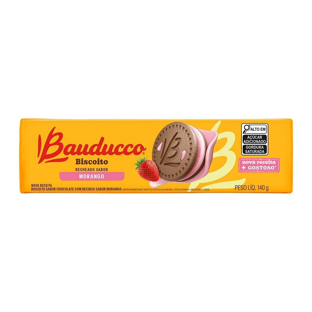 Biscoito de Chocolate Bauducco Recheado de Morango 140g - Embalagem com 56 Unidades