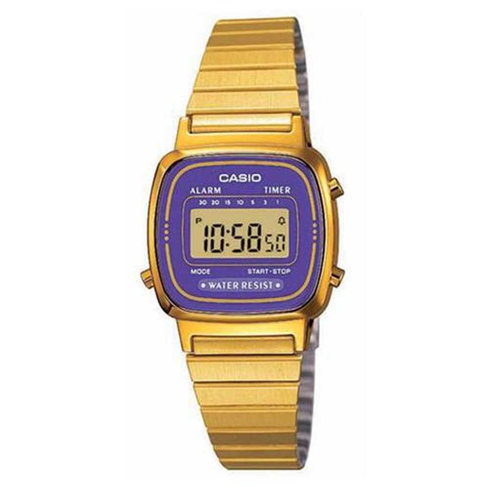 Relógio Feminino Digital Vintage Em Aço Inoxidável Dourado E Moldura Lilás LA670WGA-6DF