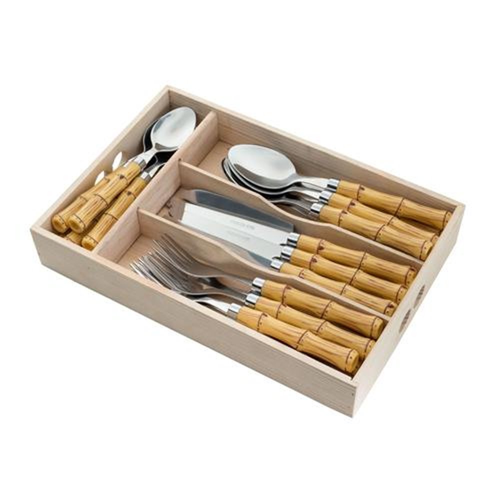 Faqueiro 24 Peças Aço Inox Com Cabo Plástico Bambu