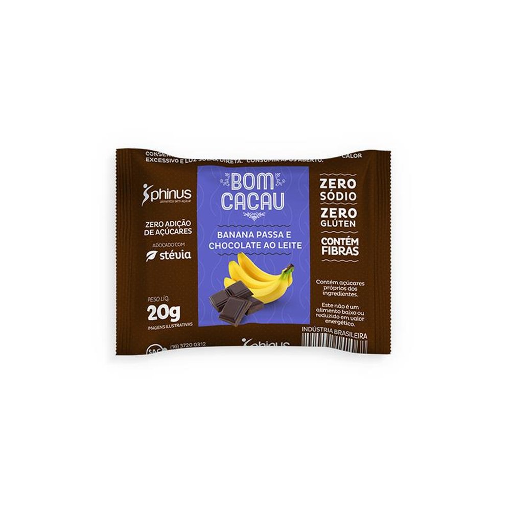 Bombom de Banana Passa e Chocolate ao Leite 480g Zero Adição de Açucares, 67% de frutas - PHINUS ( Caixa Display com 24 unidades de 20g)
