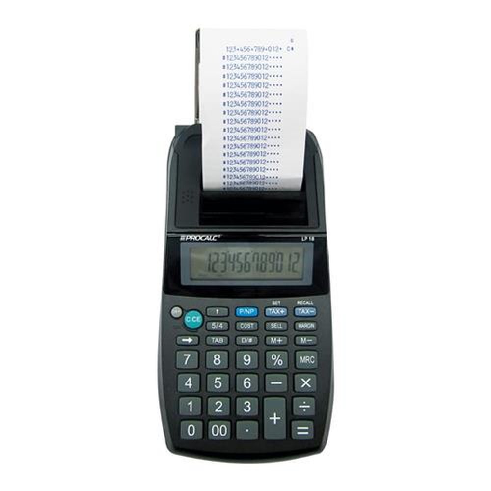 Calculadora de Impressão 12 Dígitos, Compacta, Usa 4 Pilhas AA ou Fonte 6V (opcional), Impressão ON / OFF, Rolete IR-40 Preto - PROCALC