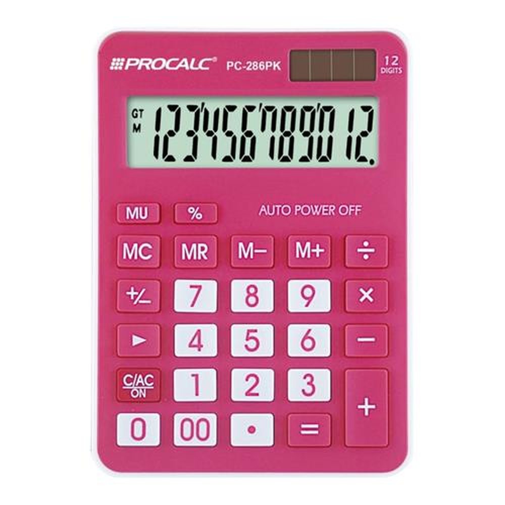 Calculadora de Mesa 12 Dígitos, Visor Grande, Usa Pilha AAA / Solar Duplo 00, Cor Pink - PROCALC
