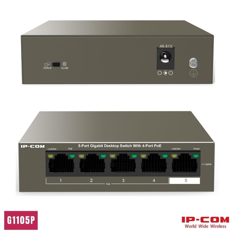 Switch de mesa Gigabit de 5 portas RJ45 e 4 Portas PoE - G1105P-4-63W - IP-COM