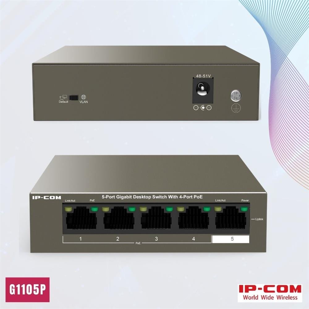 Switch de mesa Gigabit de 5 portas RJ45 e 4 Portas PoE - G1105P-4-63W - IP-COM