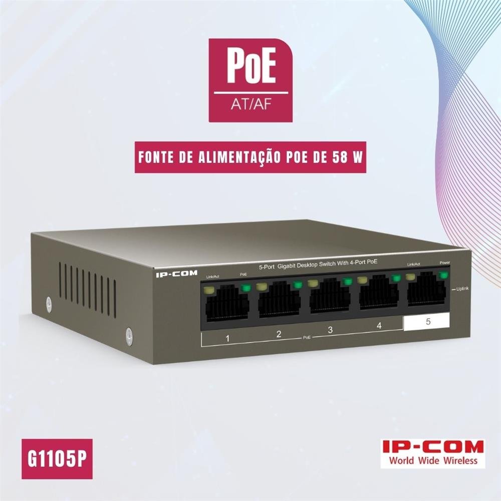 Switch de mesa Gigabit de 5 portas RJ45 e 4 Portas PoE - G1105P-4-63W - IP-COM