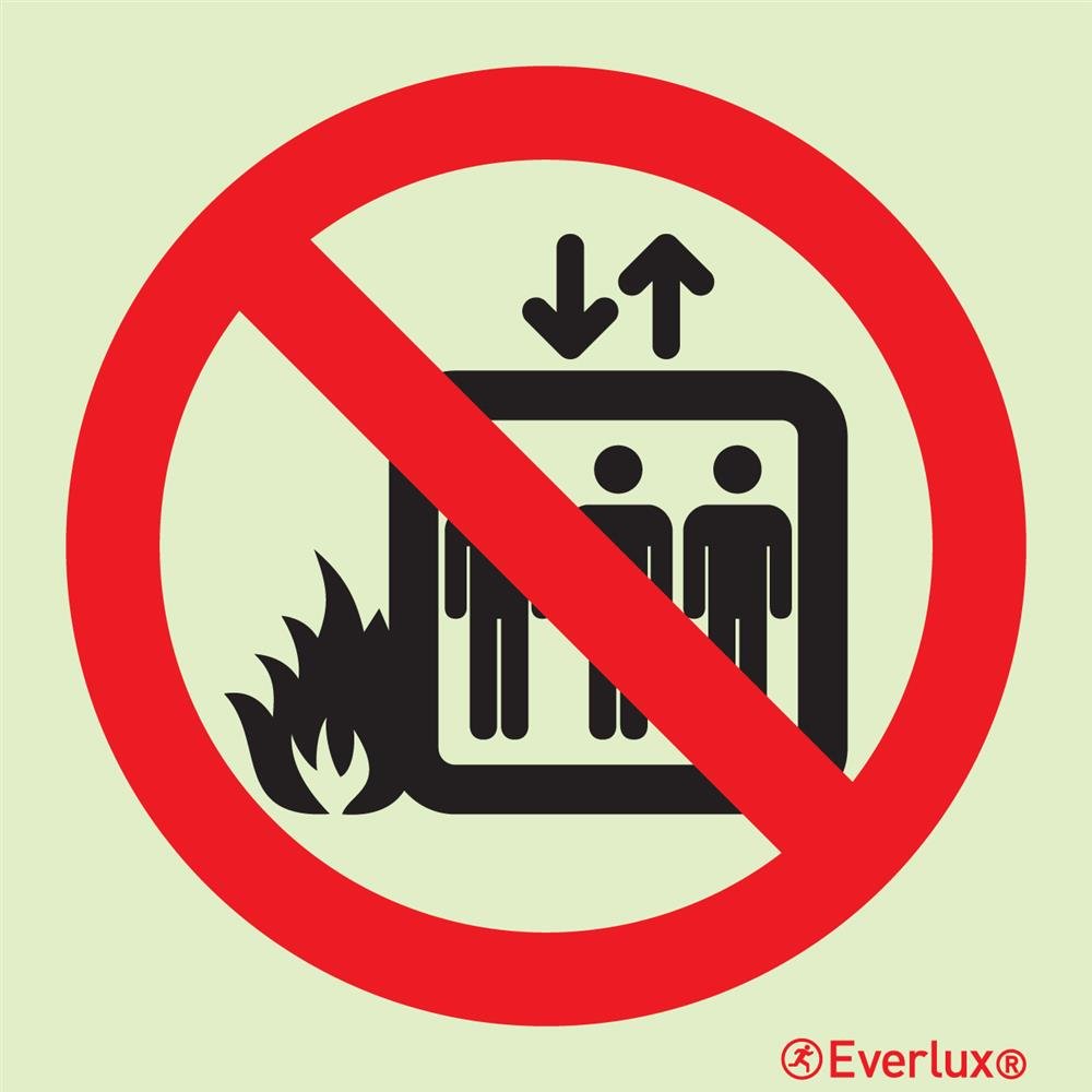 Placa Proibido Uso do Elevador em Caso de Incêndio Fotoluminescente 15x15cm Everlux