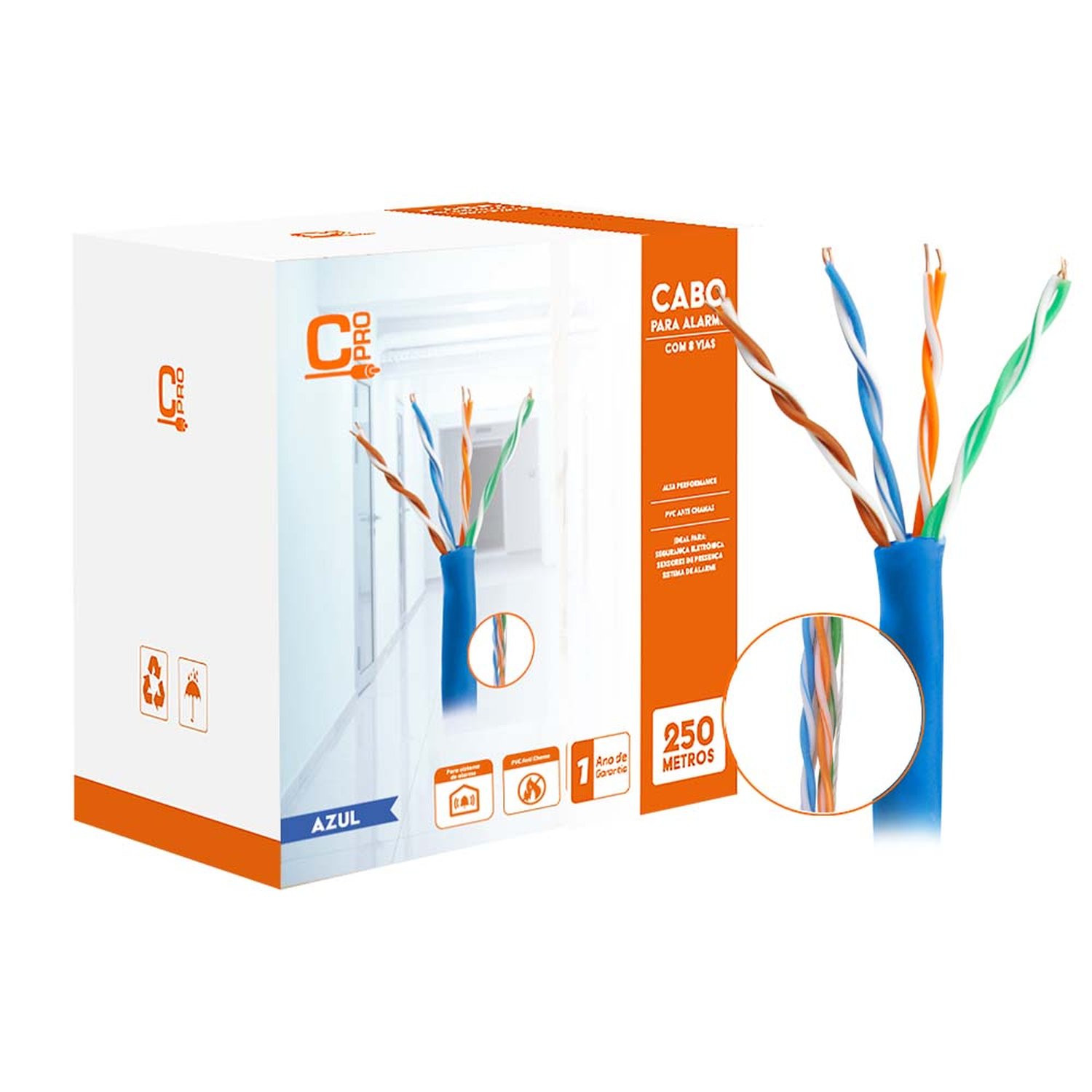 Cabo De Alarme Multicores 8 Vias - Rolo Com 250m - Azul