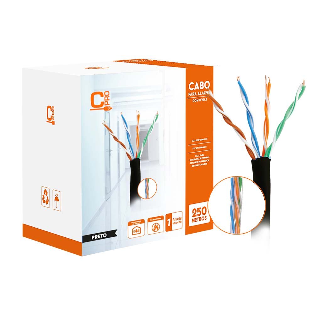 Cabo De Alarme Multicores 8 Vias - Rolo Com 250m - Preto