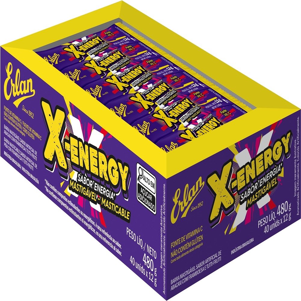 Bala Erlan X-Energy Mastigável Stick 12G - Embalgem de com 40 Unidades