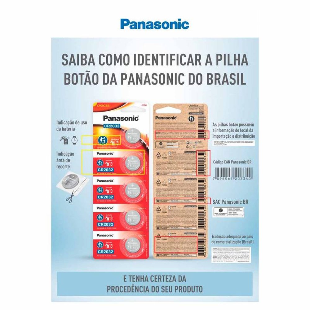 Bateria Cr2032 Botão Panasonic 10 Cartelas Com 05 Baterias Por Cartela