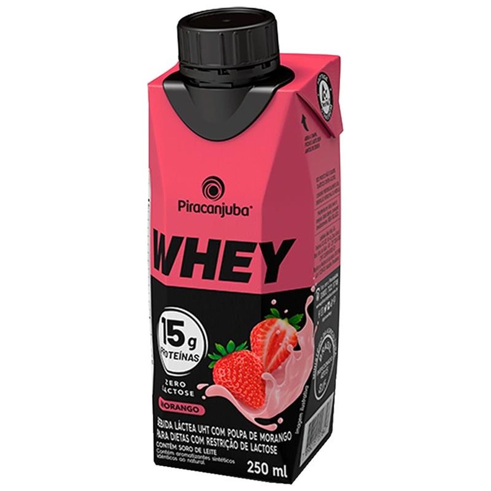 Bebida Láctea Piracanjuba Whey Zero Lactose Morango 250ml Embalagem com 12 Unidades