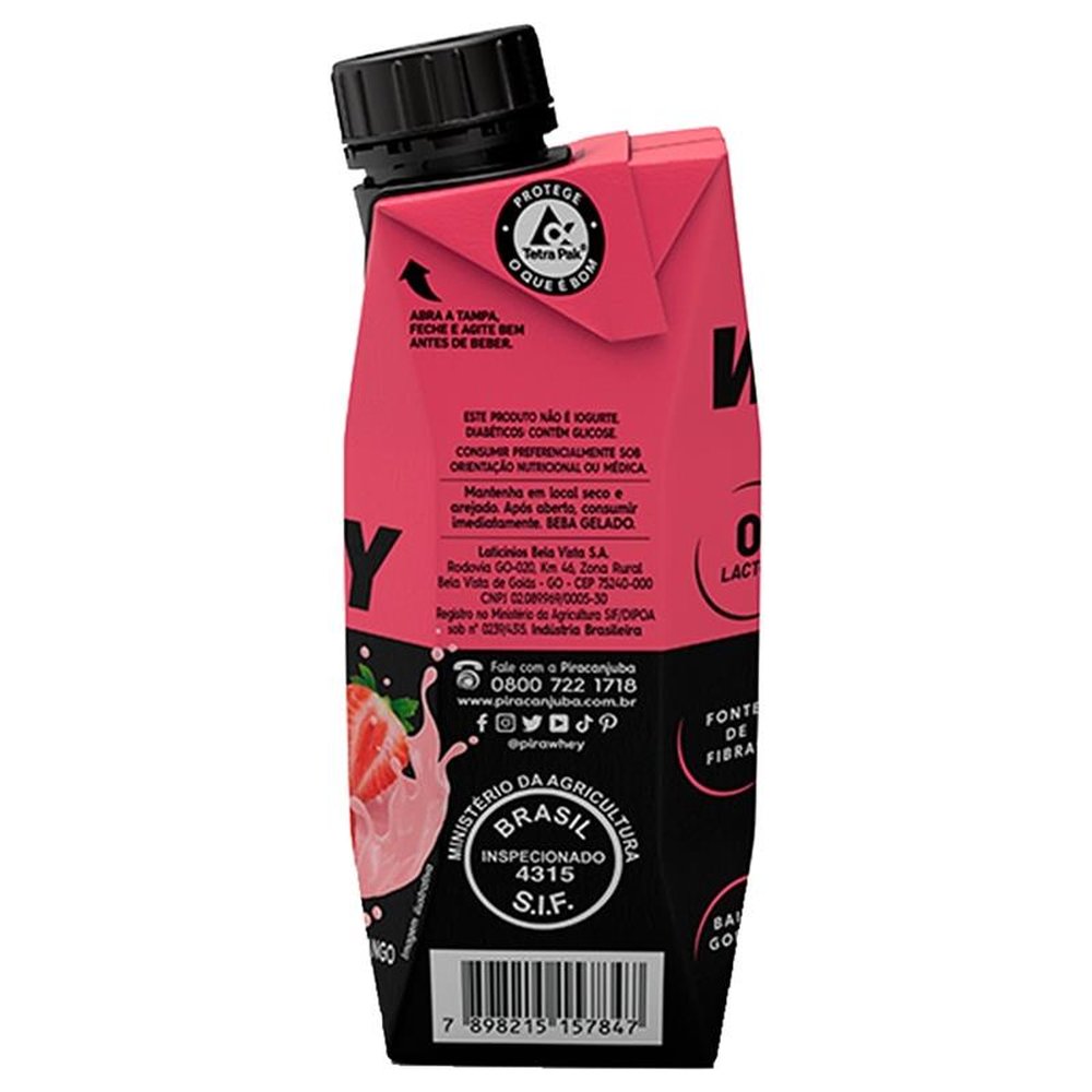 Bebida Láctea Piracanjuba Whey Zero Lactose Morango 250ml Embalagem com 12 Unidades