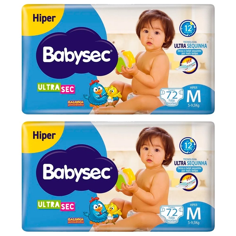 Fralda Descartável Babysec Ultra Hiper Tamanho M - 2 Pacotes com 72 Fraldas - Total 144 Tiras