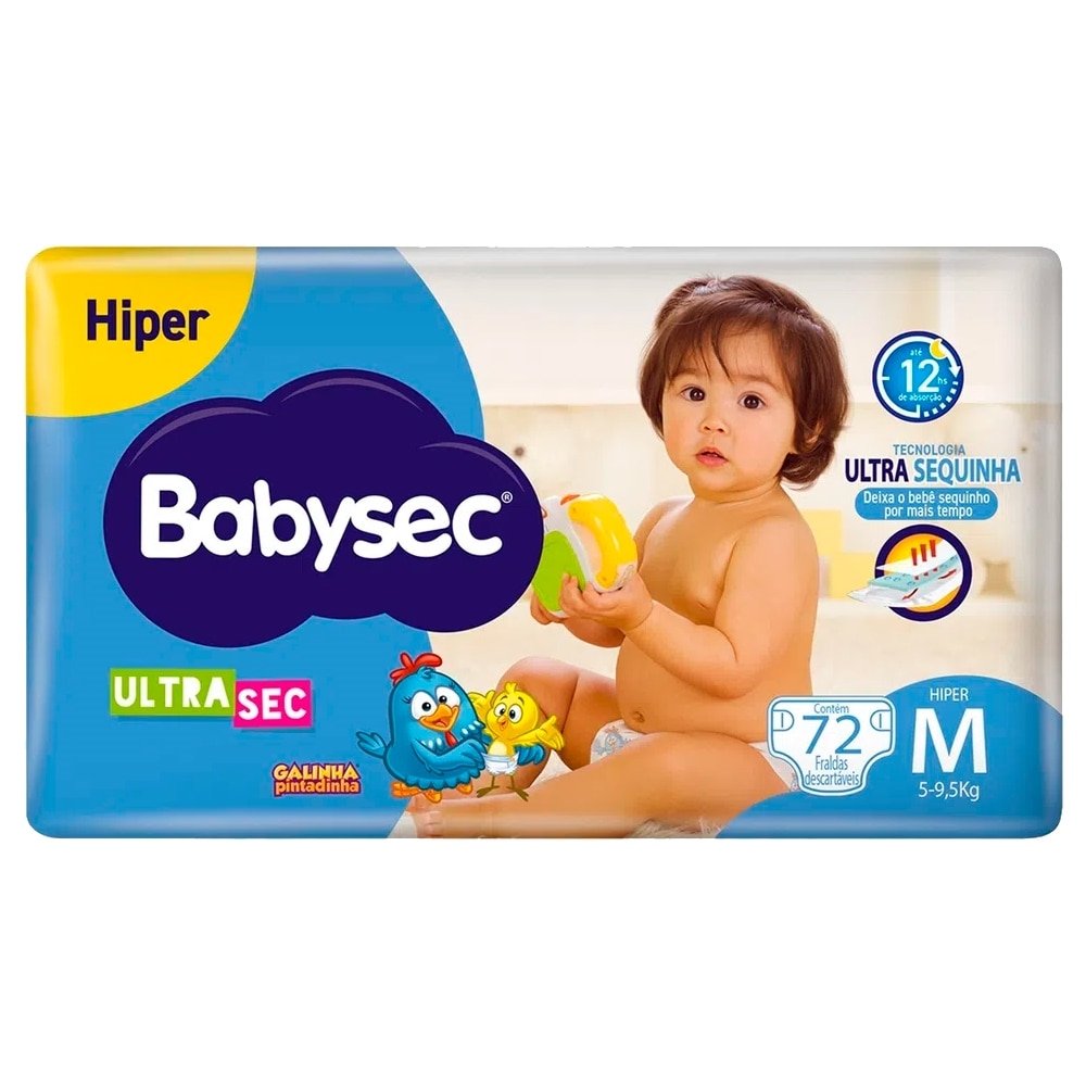 Fralda Descartável Babysec Ultra Hiper Tamanho M - 2 Pacotes com 72 Fraldas - Total 144 Tiras