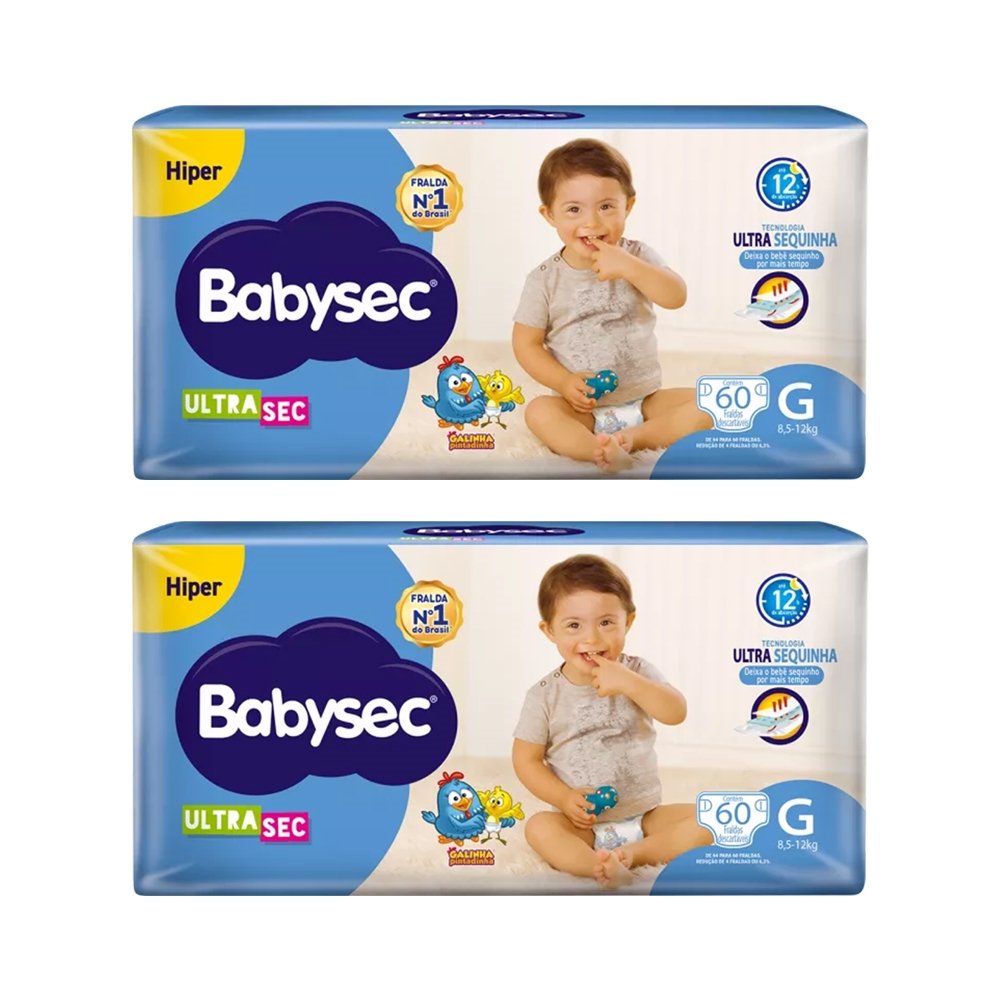 Fralda Descartável Babysec Ultra Hiper Tamanho G - 2 Pacotes com 60 Fraldas - Total 120 Tiras