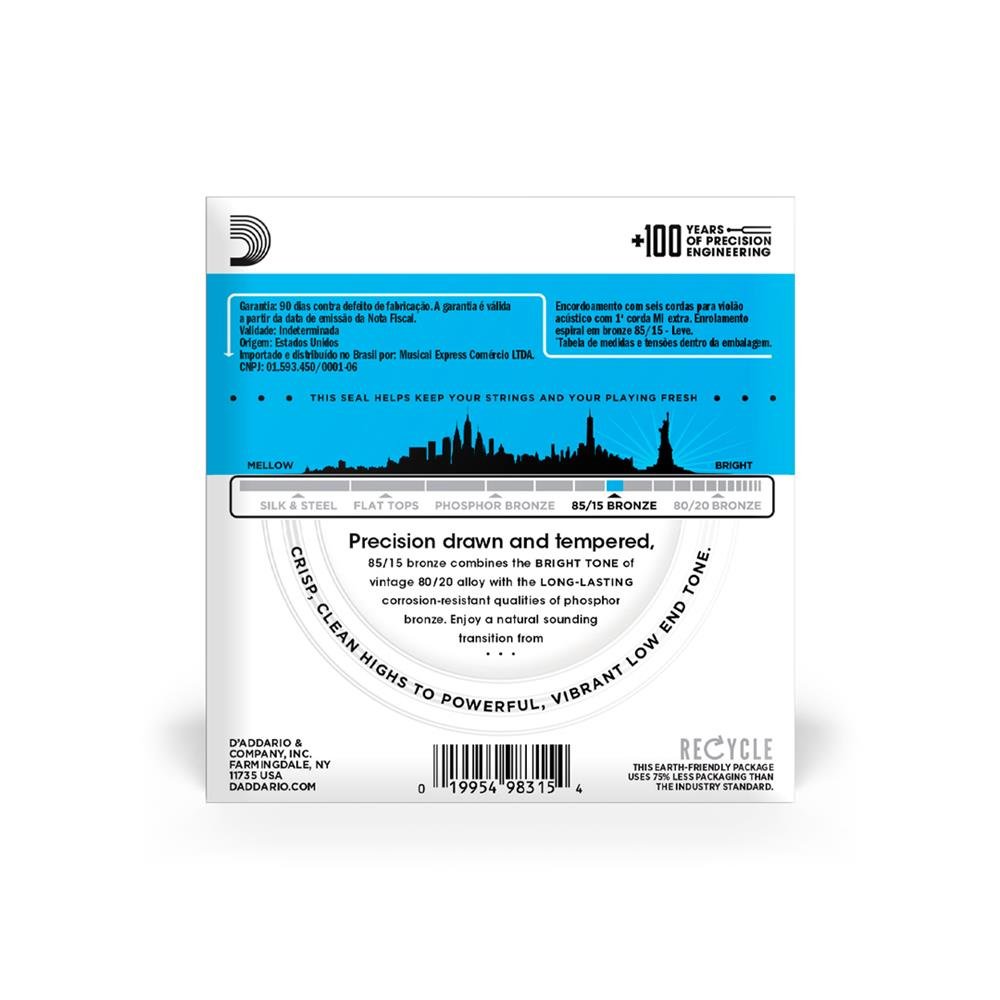 Cordas Para Violão Aço D Addario Bronze 85/15 Ez910-b .011-.052 Com Corda Extra Pl011