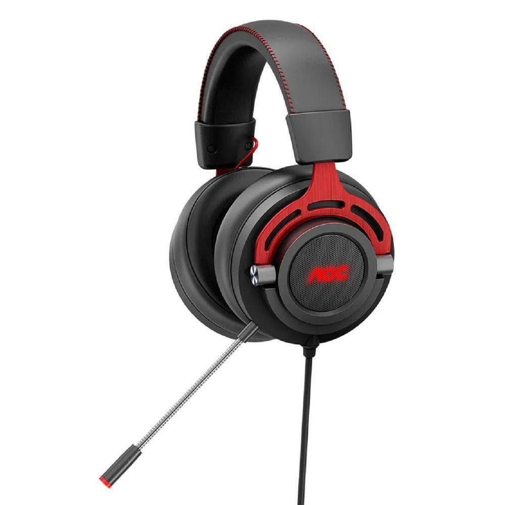 Headset Gamer Aoc Gh210, Led Vermelho, Drivers 50Mm, 3.5Mm, Usb, Adaptador Y, Múltiplas Plataformas, Over-Ear, Preto E Vermelho