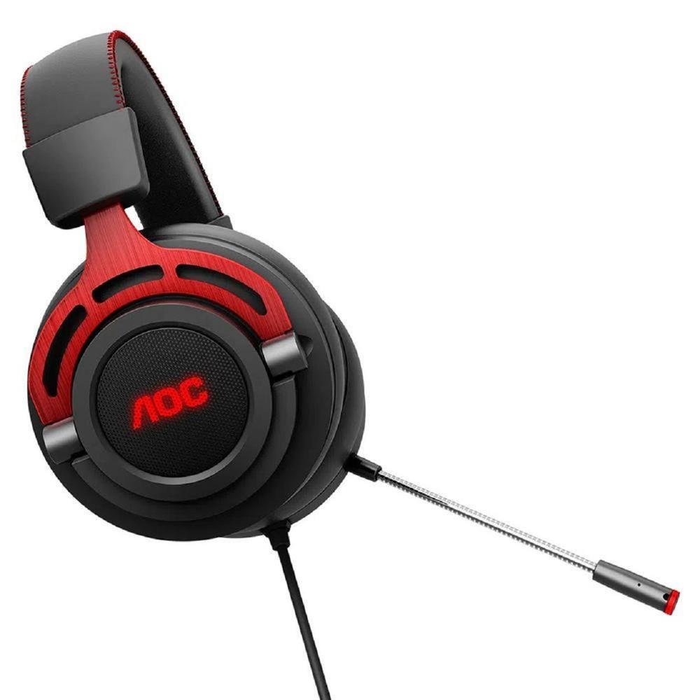 Headset Gamer AOC GH210, LED Vermelho, Drivers 50mm, 3.5mm, USB, Adaptador Y, Multiplas Plataformas, Over-ear, Preto e Vermelho