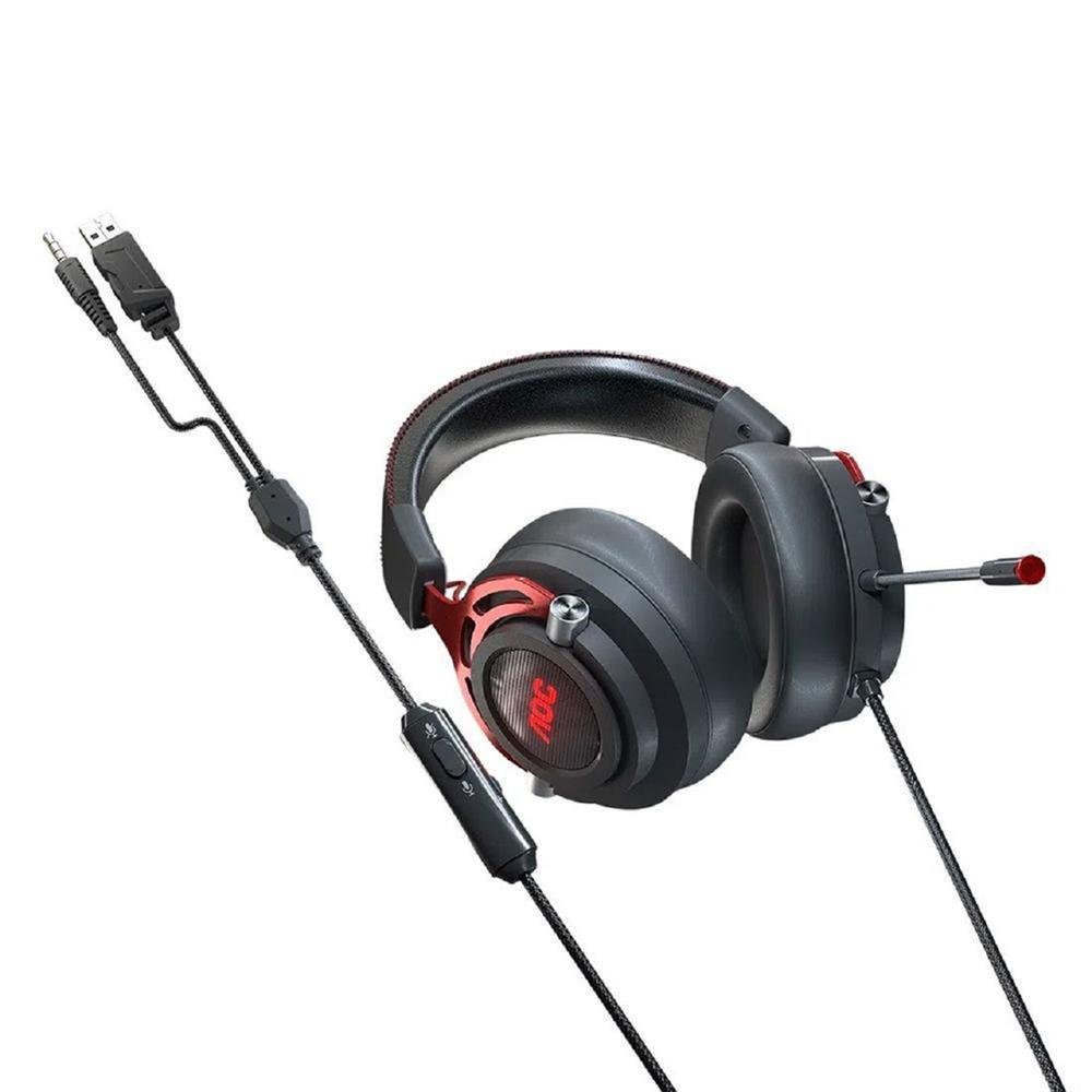 Headset Gamer AOC GH210, LED Vermelho, Drivers 50mm, 3.5mm, USB, Adaptador Y, Multiplas Plataformas, Over-ear, Preto e Vermelho