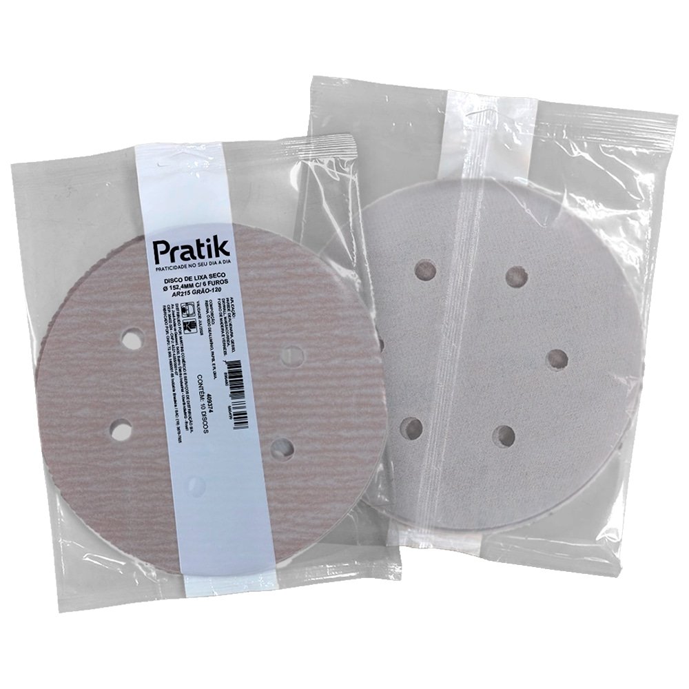 Disco Lixa Seco Pratik AR215 - 152.4mm 6 Furos com Velcro G120 - Embalagem com 10 Unidades