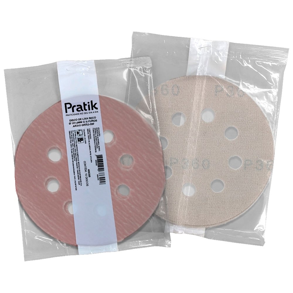 Disco Lixa Seco Pratik AR215 - 127.4mm 8 Furos com Velcro G280 - Embalagem com 10 Unidades