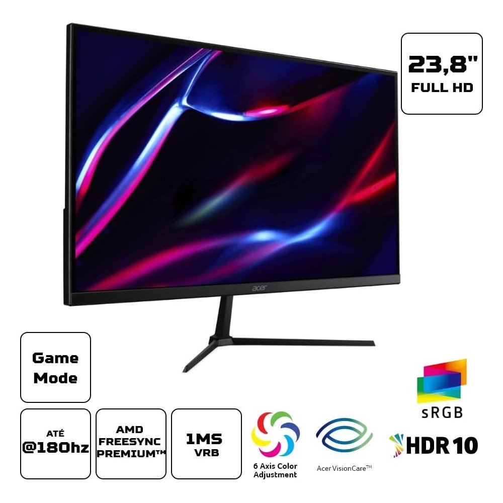 Monitor 23.8" Gamer Acer Nitro Qg240y S3bipx, Full Hd, Painel Va, 180hz, 1ms, Amd Freesync Premium, Hdr10, Um.Qq0aa.304